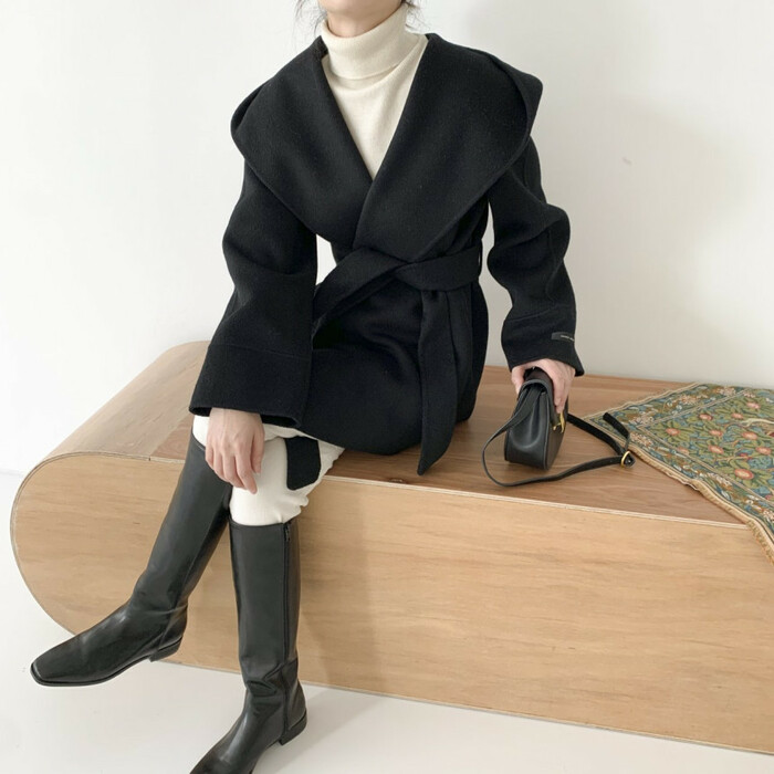 骨格ウェーブ ウエストマーク フード付き ミドル丈コート