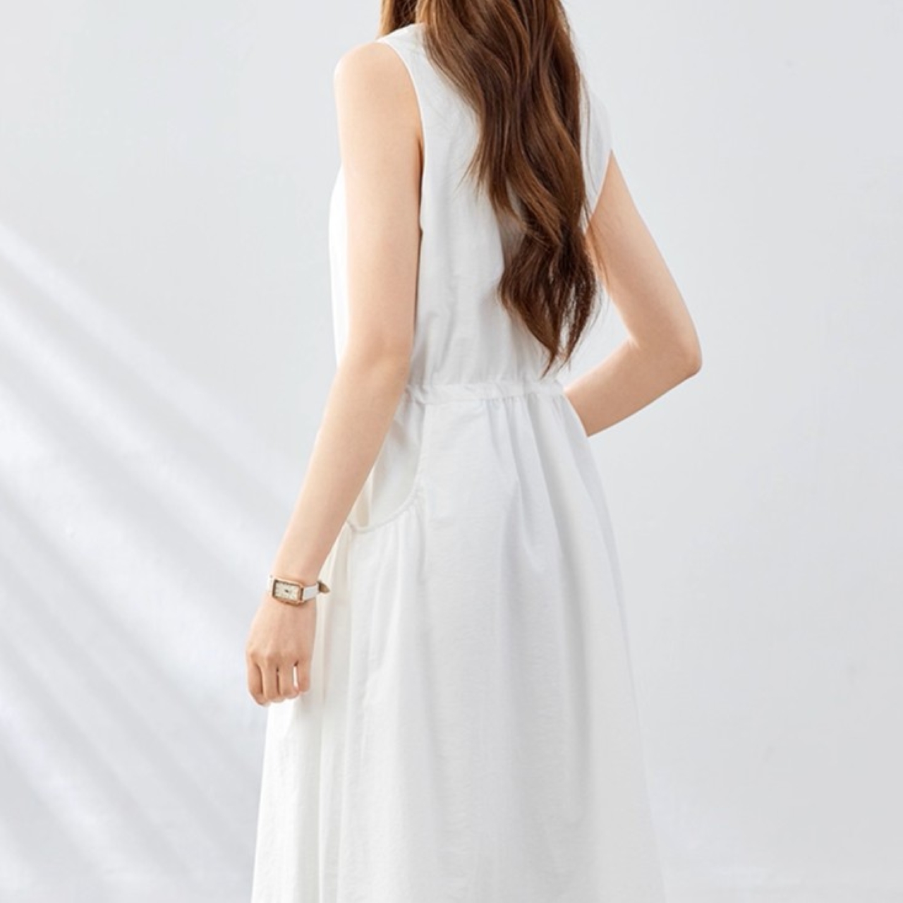 骨格ウェーブ ウエストドロスト ノースリーブ ロングワンピース