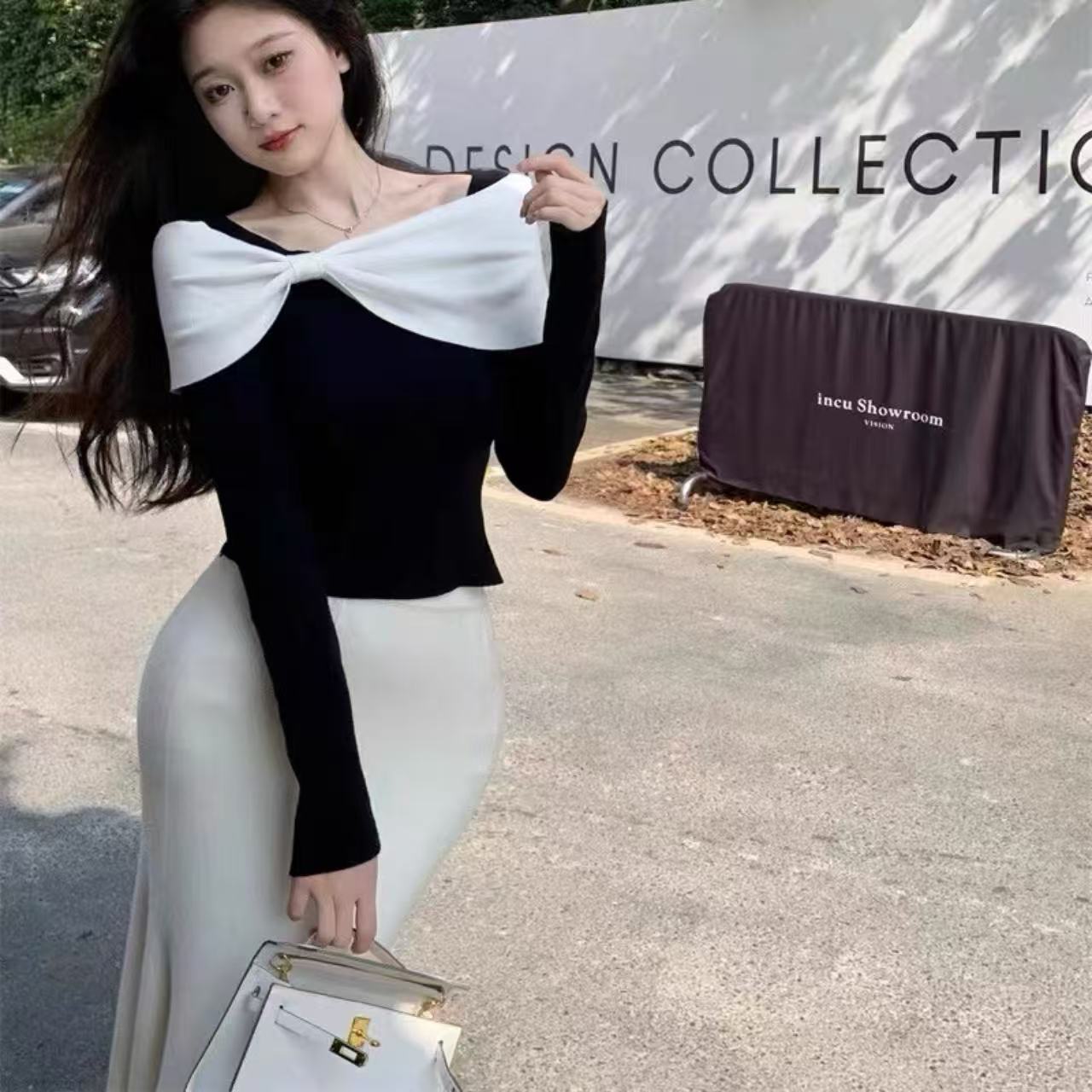 骨格ウェーブ フェミニン 配色リボン付き オフショルダーニット 長袖トップス