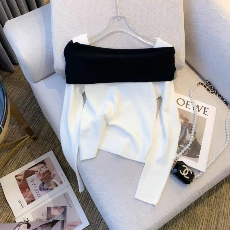 骨格ウェーブ フェミニン 配色リボン付き オフショルダーニット 長袖トップス