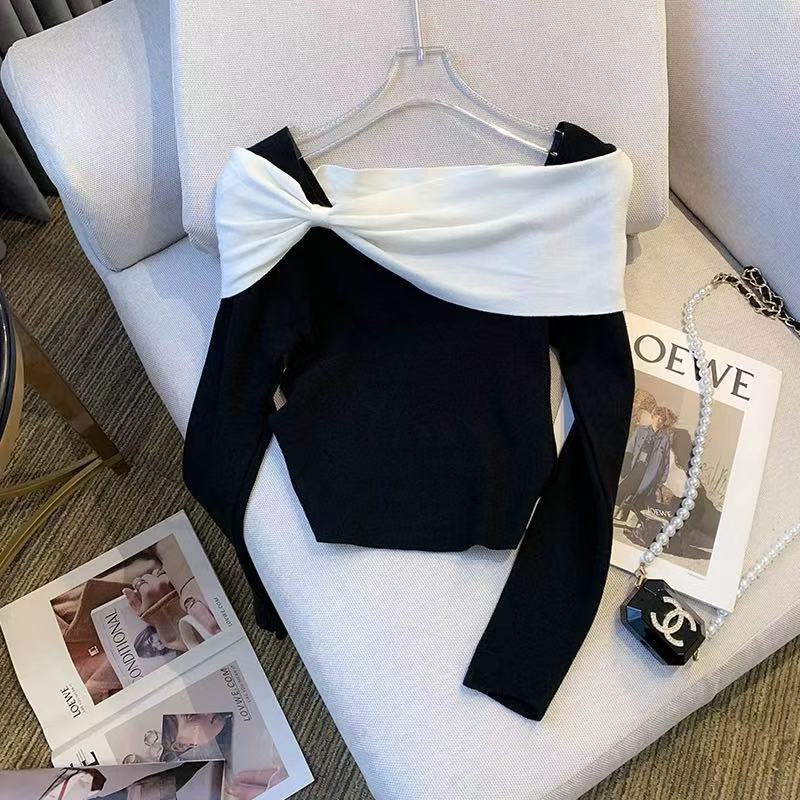 骨格ウェーブ フェミニン 配色リボン付き オフショルダーニット 長袖トップス