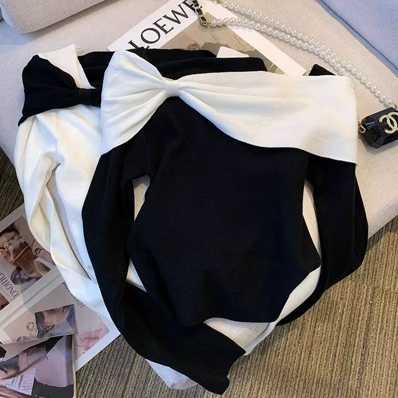 骨格ウェーブ フェミニン 配色リボン付き オフショルダーニット 長袖トップス