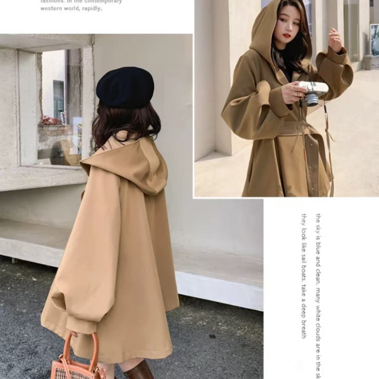 骨格ウェーブ ケープ風フード付きコート ウエストマーク ミドル丈