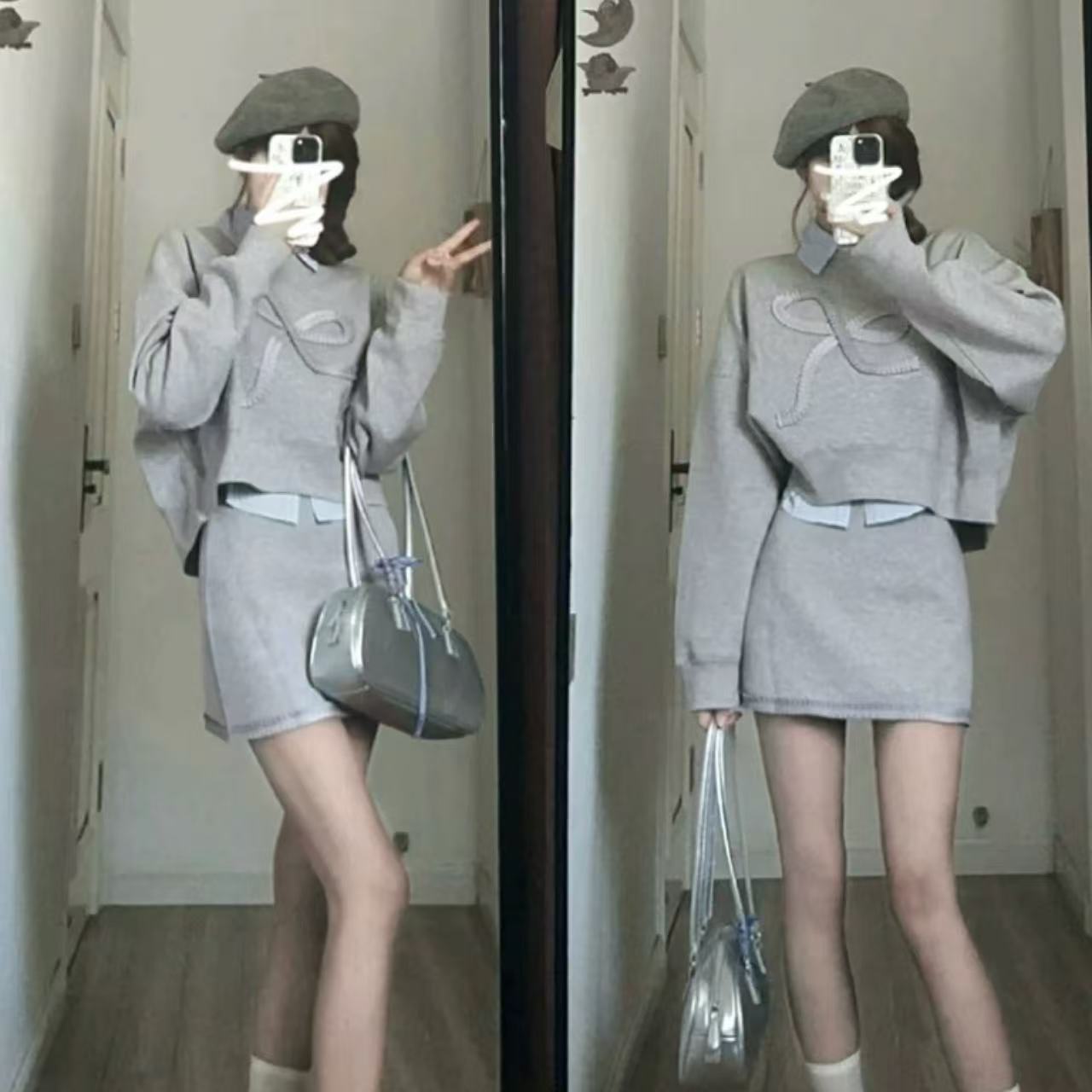 骨格ウェーブ 韓国風トータルコーデ グレー スウェット+ミニスカート 2点セットアップ