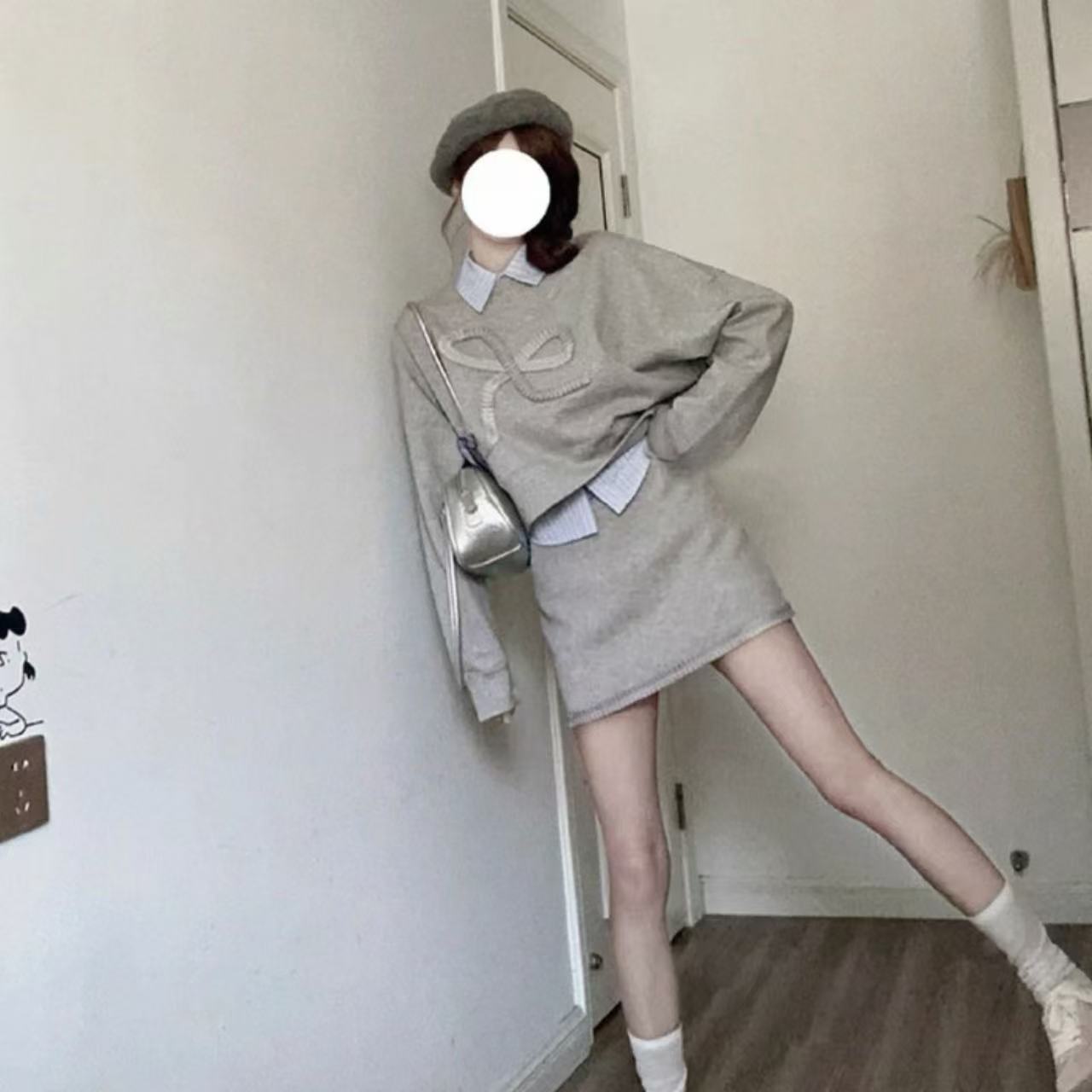 骨格ウェーブ 韓国風トータルコーデ グレー スウェット+ミニスカート 2点セットアップ