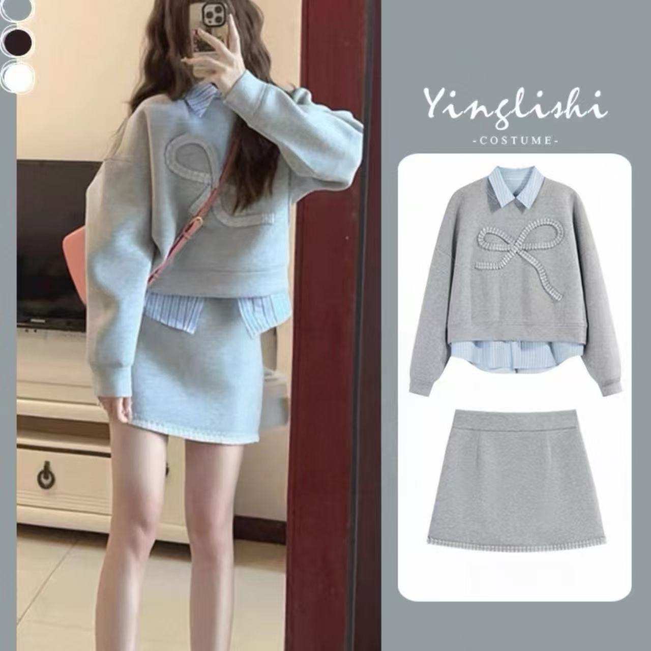 骨格ウェーブ 韓国風トータルコーデ グレー スウェット+ミニスカート 2点セットアップ