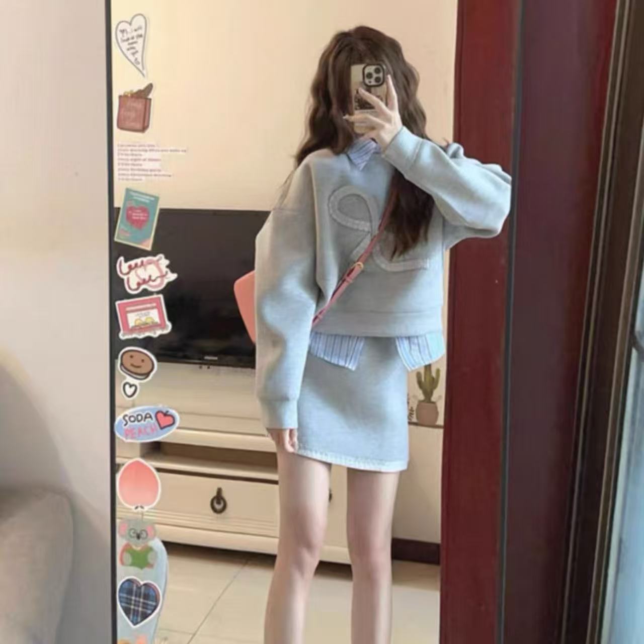 骨格ウェーブ 韓国風トータルコーデ グレー スウェット+ミニスカート 2点セットアップ