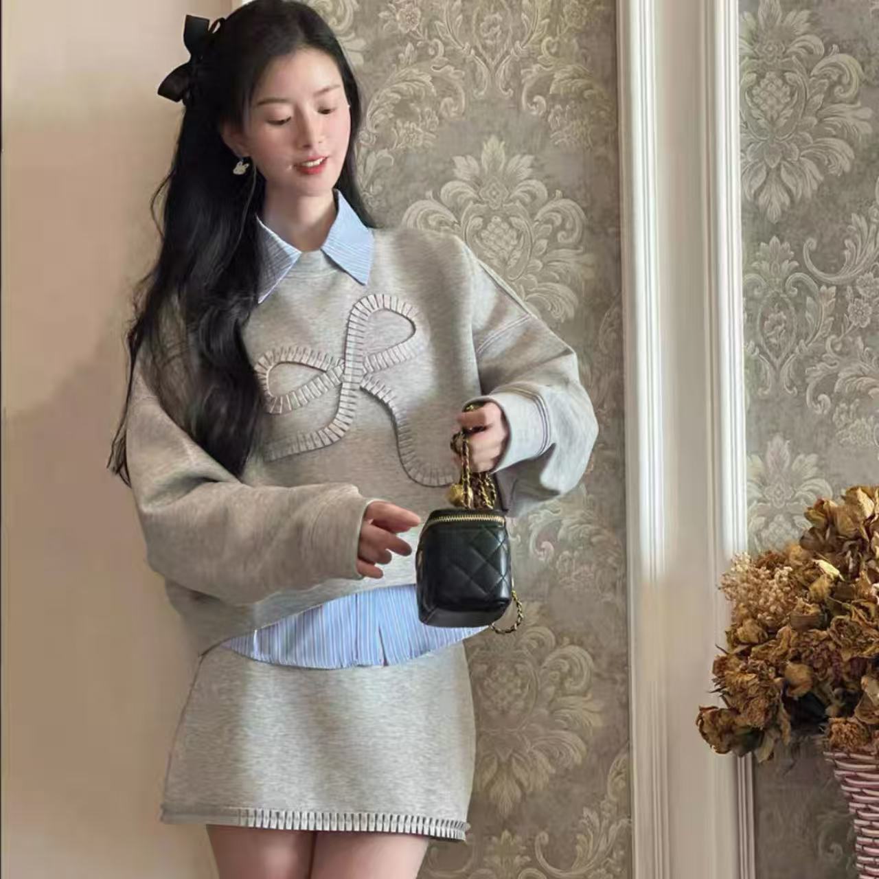 骨格ウェーブ 韓国風トータルコーデ グレー スウェット+ミニスカート 2点セットアップ