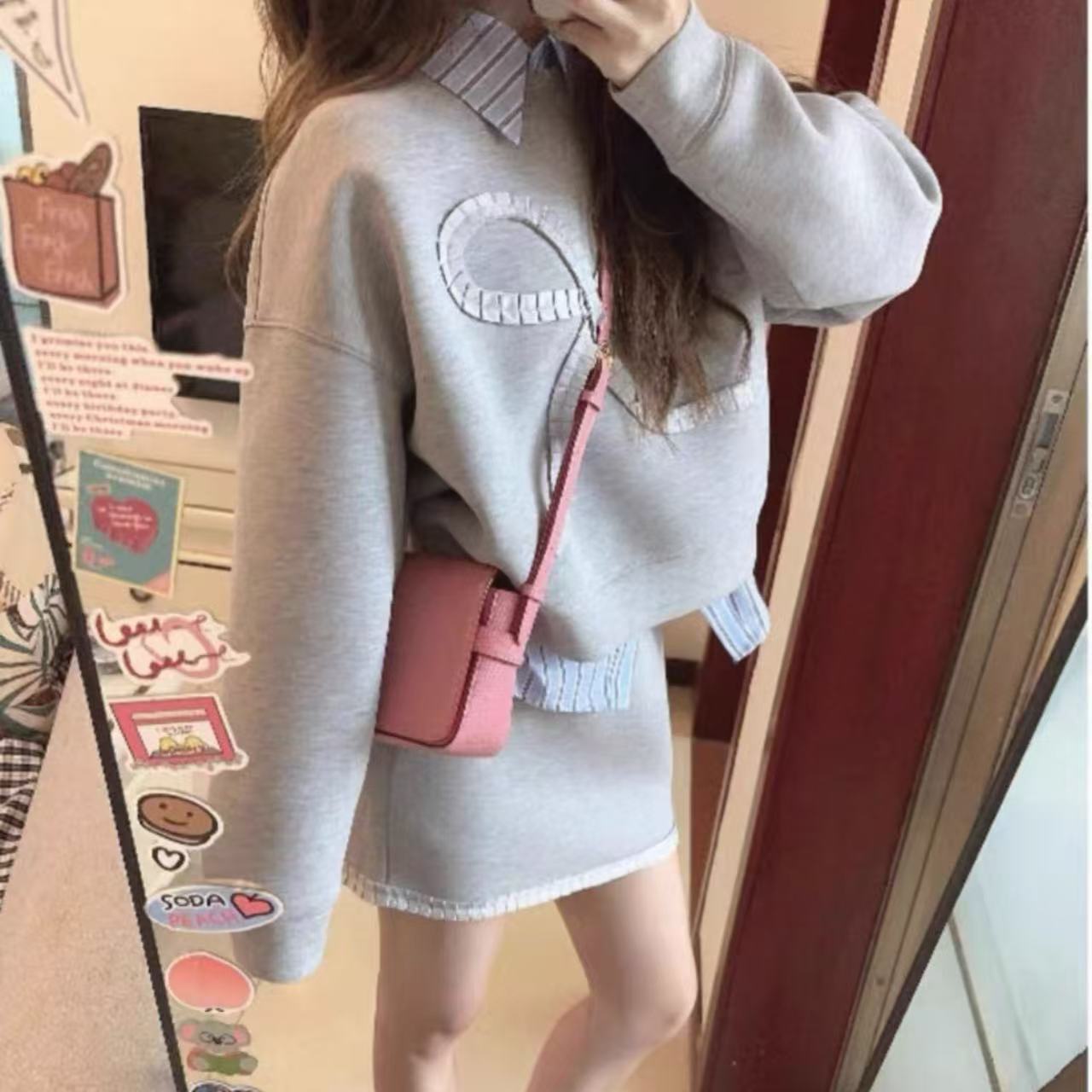 骨格ウェーブ 韓国風トータルコーデ グレー スウェット+ミニスカート 2点セットアップ
