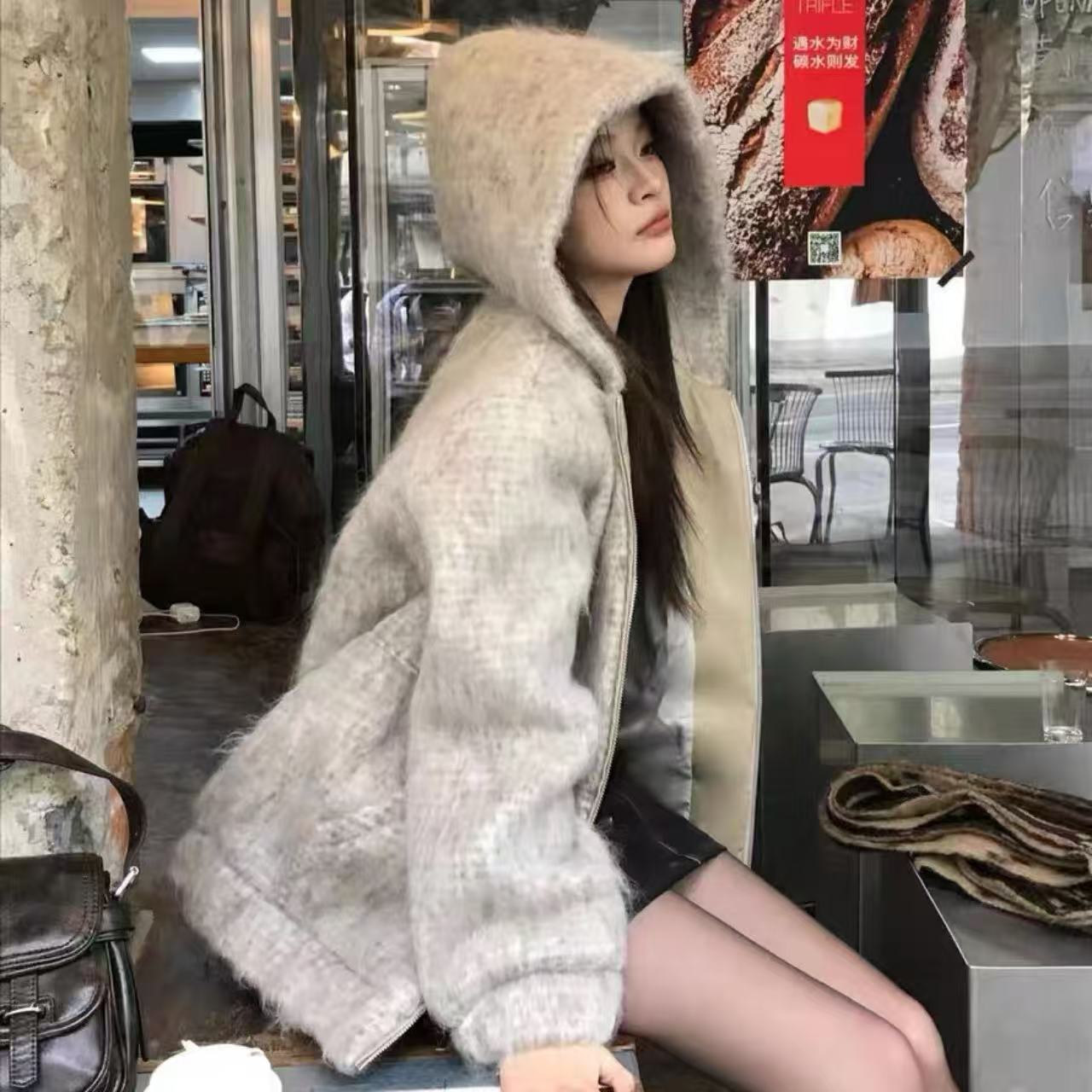 骨格ウェーブ もこもこ フード付き ニットパーカー ゆったり