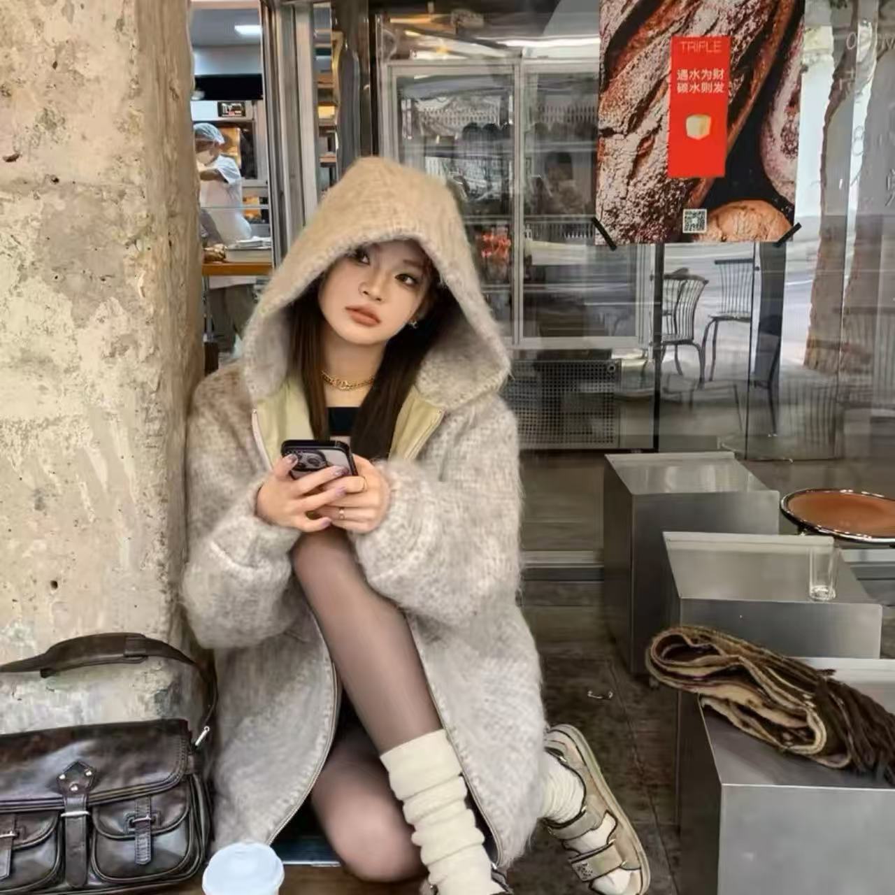 骨格ウェーブ もこもこ フード付き ニットパーカー ゆったり