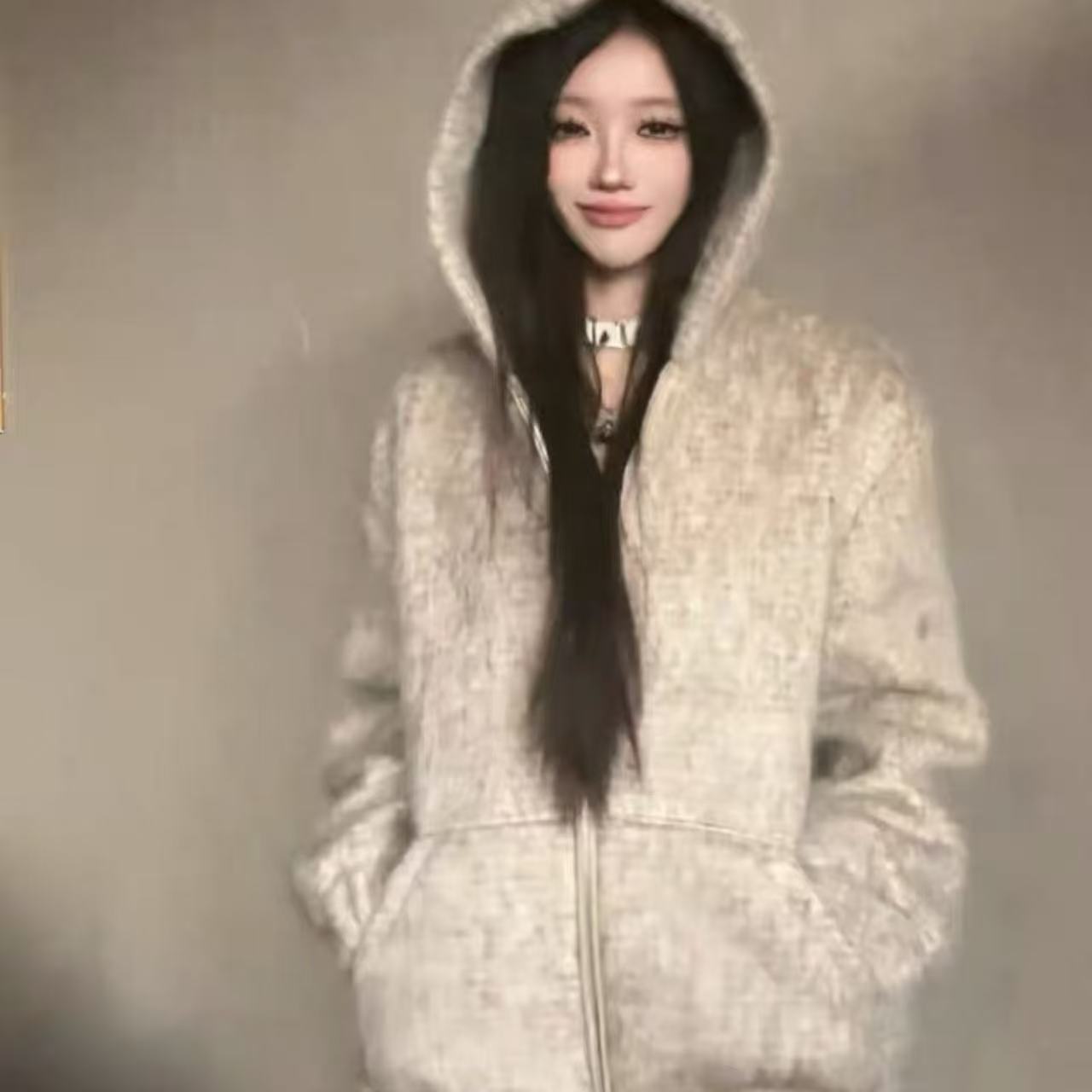 骨格ウェーブ もこもこ フード付き ニットパーカー ゆったり