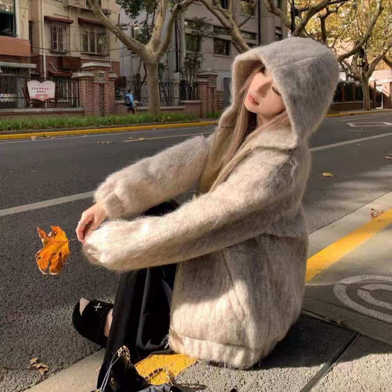 骨格ウェーブ もこもこ フード付き ニットパーカー ゆったり