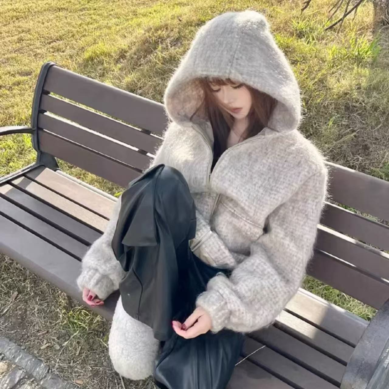 骨格ウェーブ もこもこ フード付き ニットパーカー ゆったり