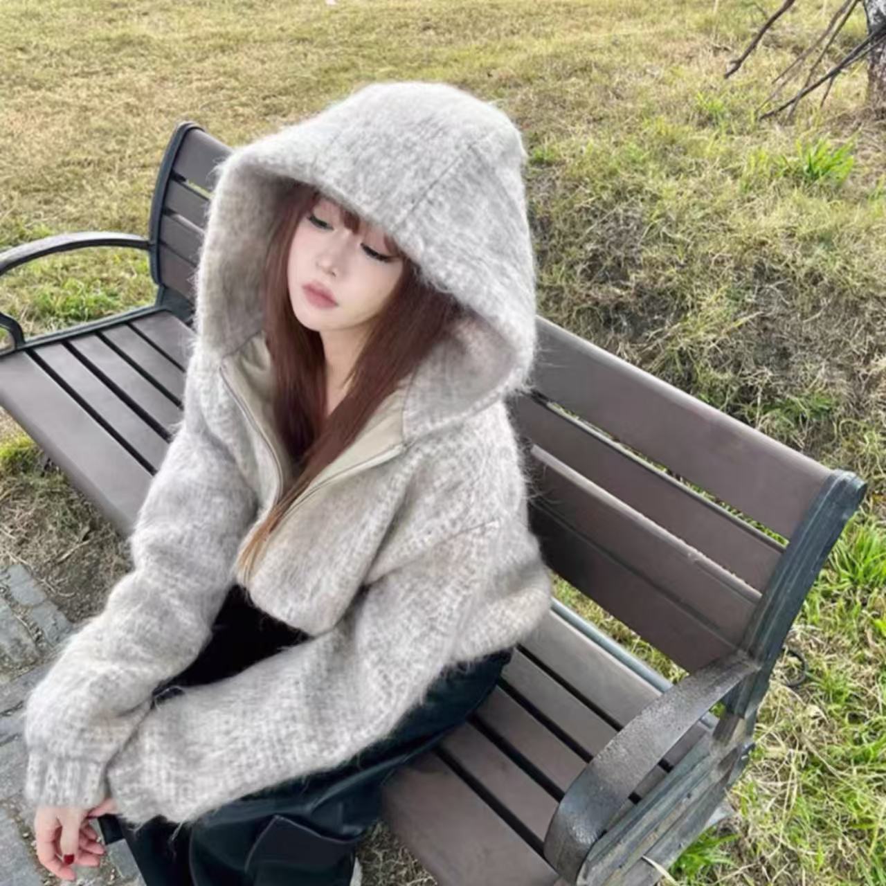 骨格ウェーブ もこもこ フード付き ニットパーカー ゆったり