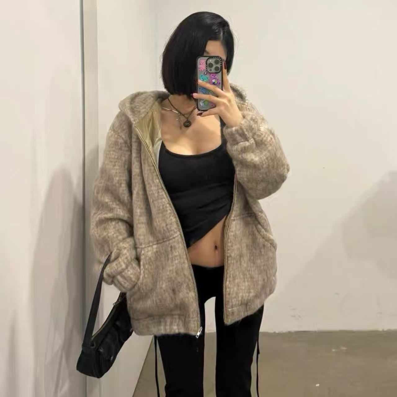 骨格ウェーブ もこもこ フード付き ニットパーカー ゆったり