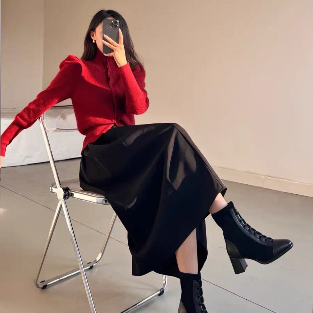 骨格ウェーブ プリーツAラインスカート フレアデザイン ロング丈