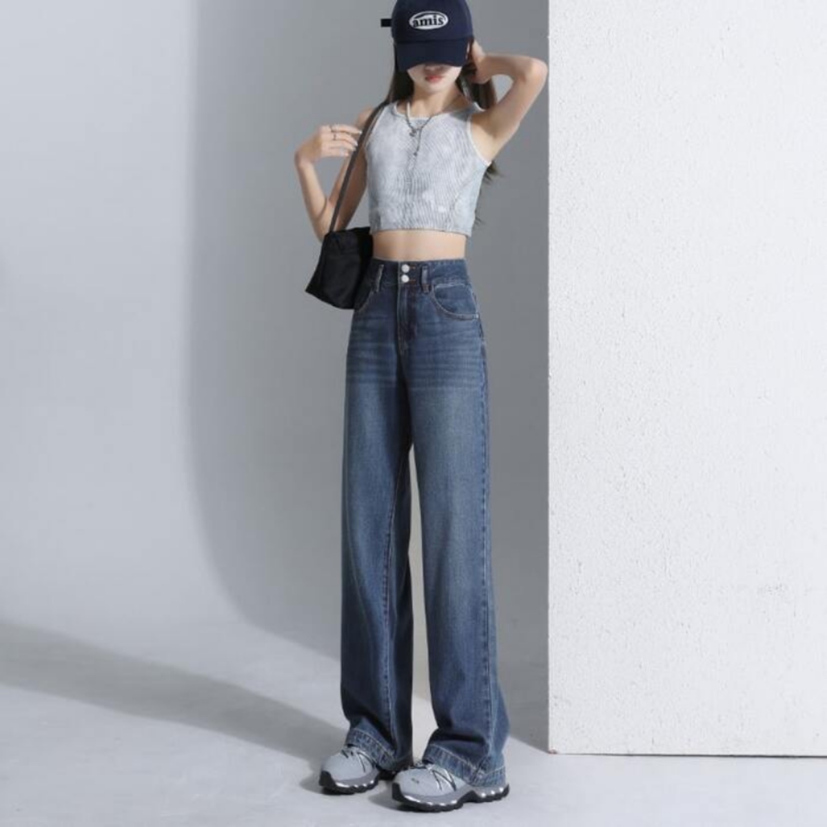 骨格ウェーブ Wボタン 美脚ストレートデニムパンツ