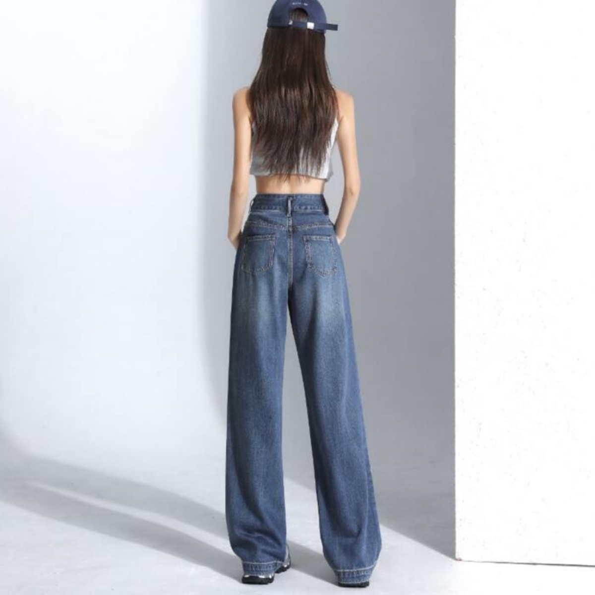 骨格ウェーブ Wボタン 美脚ストレートデニムパンツ