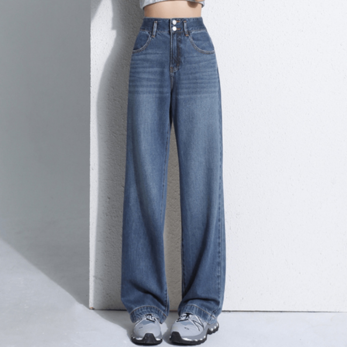 骨格ウェーブ Wボタン 美脚ストレートデニムパンツ