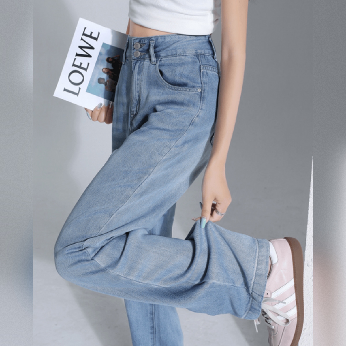 骨格ウェーブ Wボタン 美脚ストレートデニムパンツ