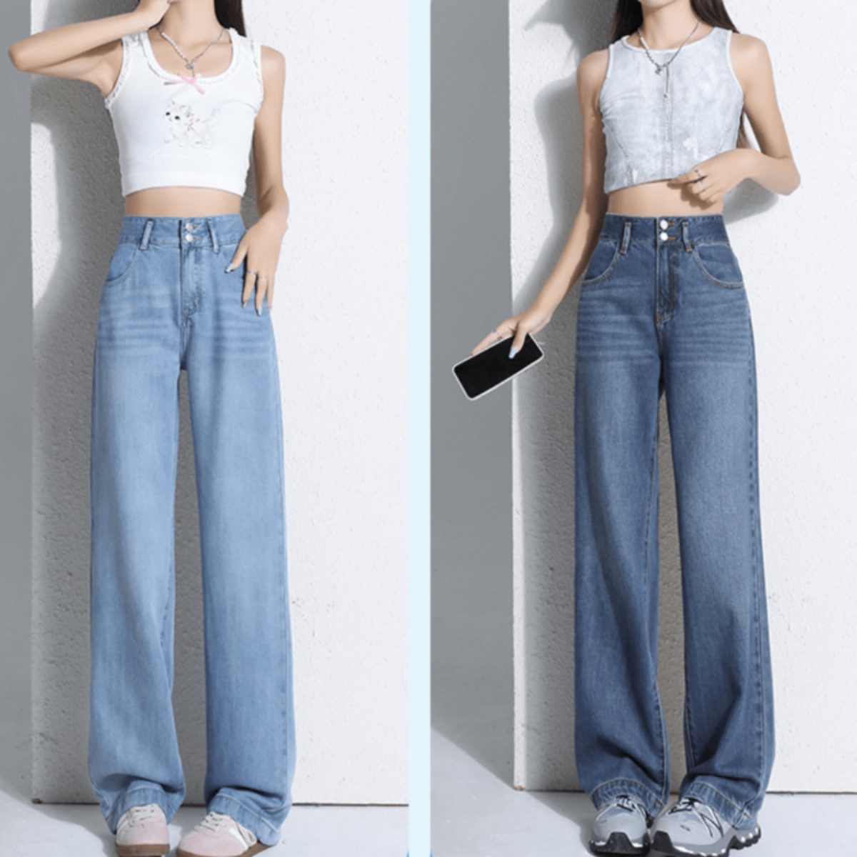 骨格ウェーブ Wボタン 美脚ストレートデニムパンツ