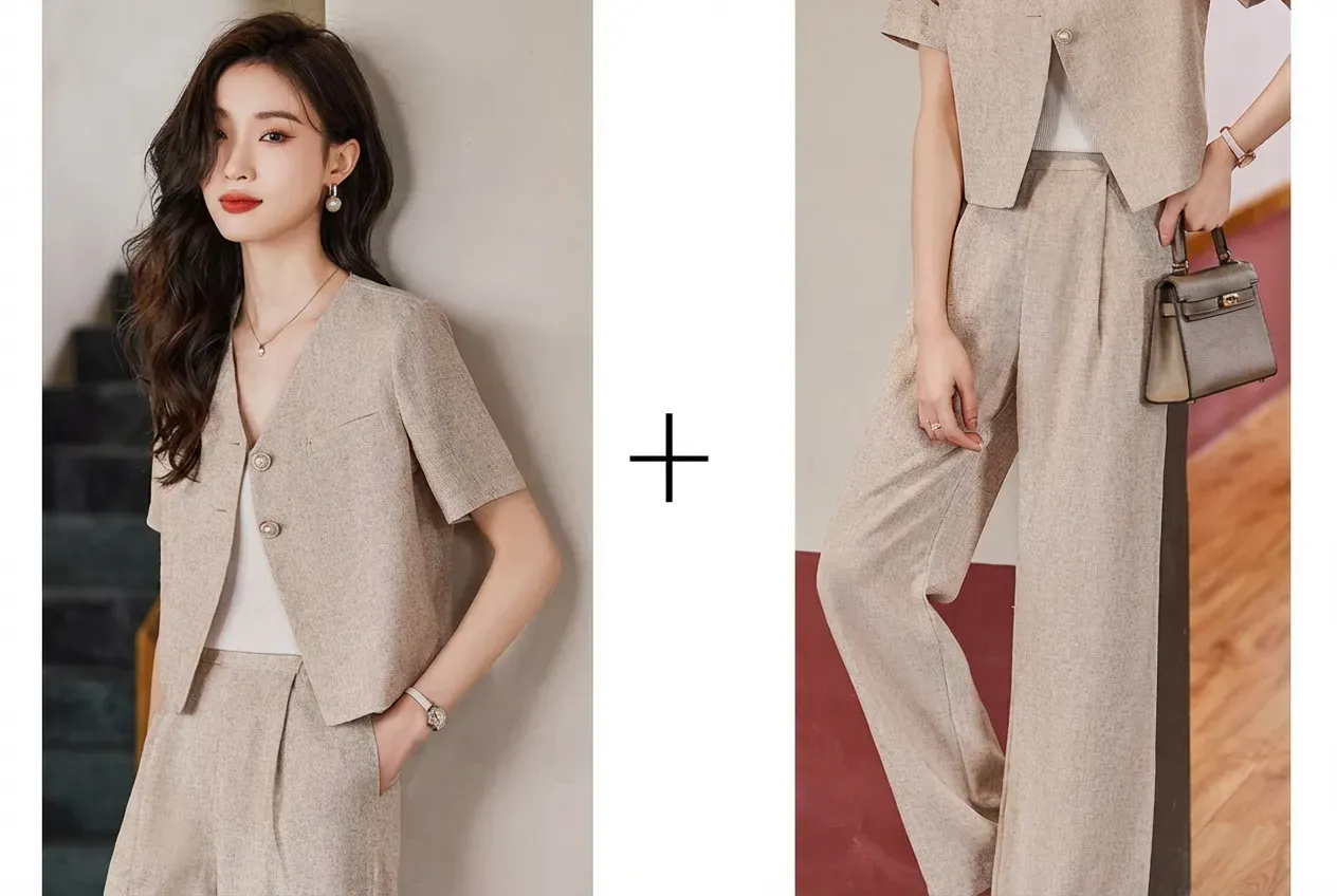 骨格ウェーブ ノーカラーパールボタンジャケット＆パンツ セットアップ