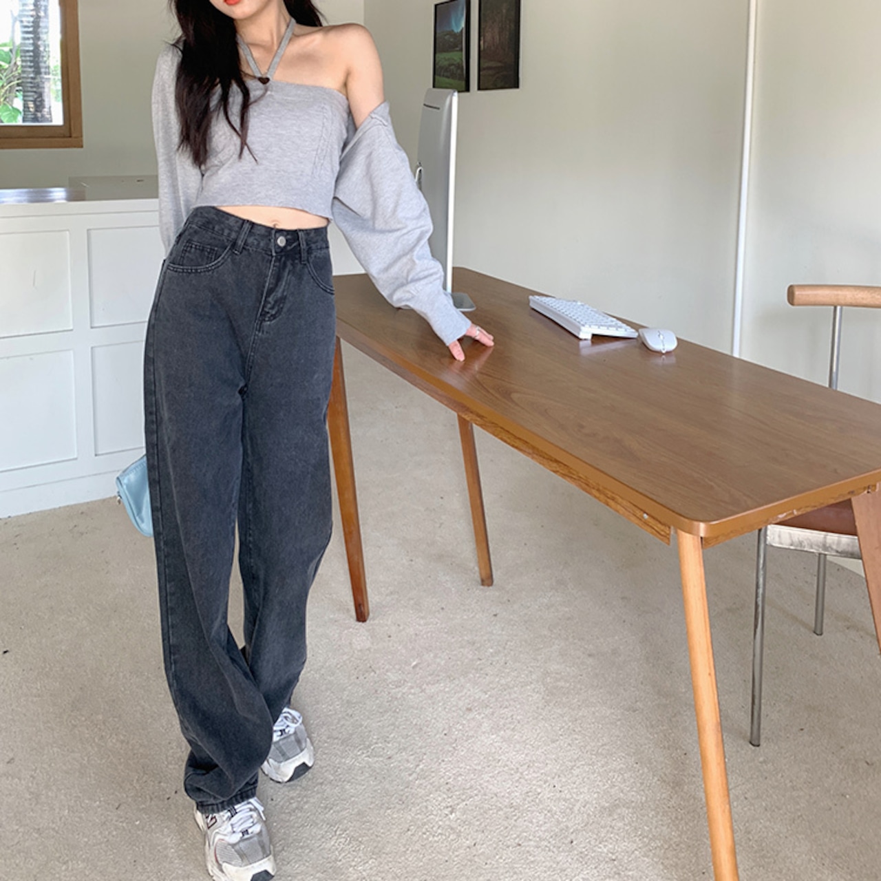 骨格ウェーブ グレーデニム ハイウエスト 美脚ストレート