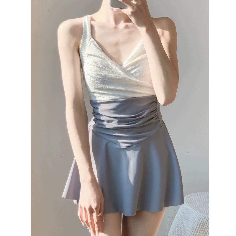 骨格ウェーブ シャーリング×カシュクール フレアワンピース水着