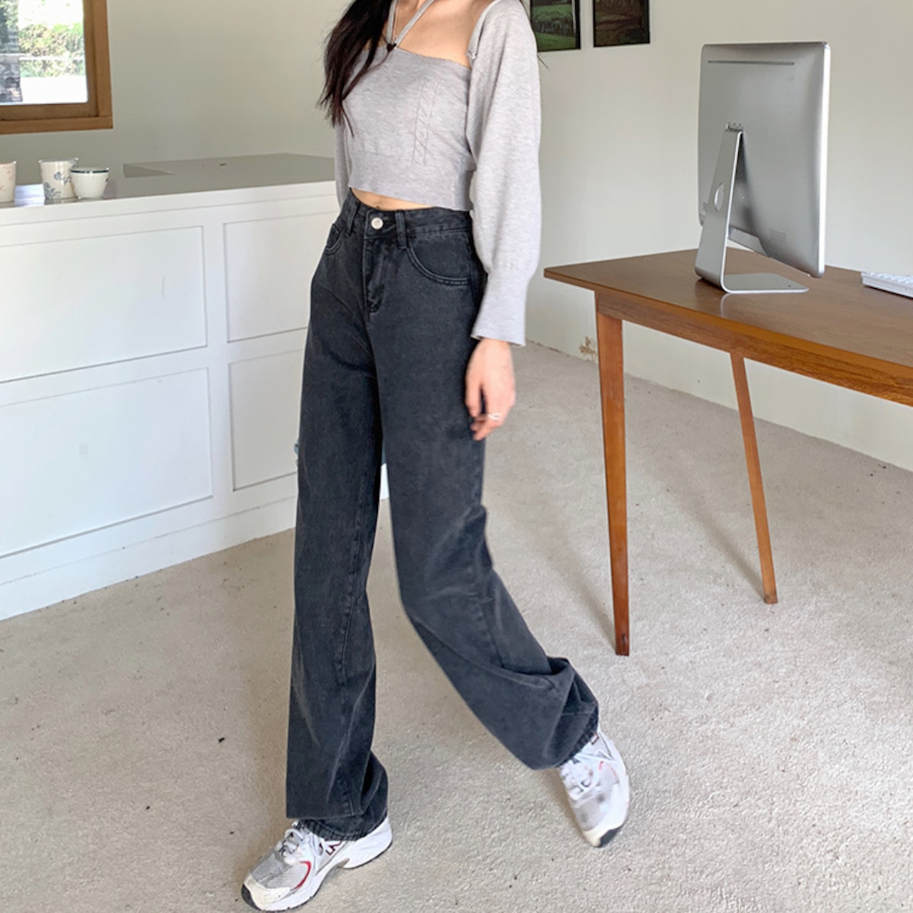 骨格ウェーブ グレーデニム ハイウエスト 美脚ストレート