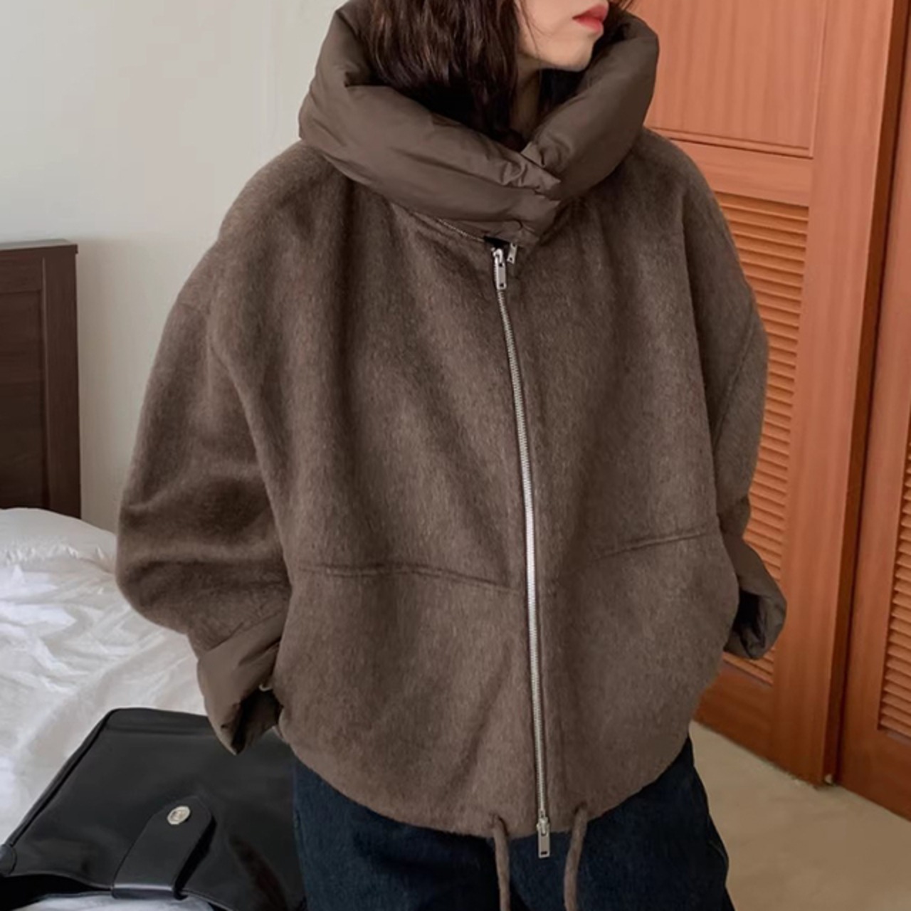 骨格ウェーブ メルトン調ショートジャケット 取り外しフード ゆったり カジュアル