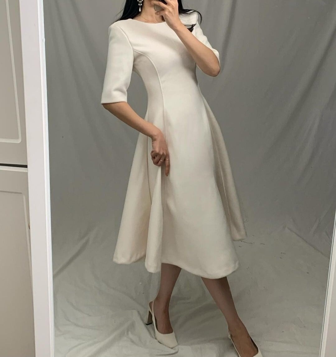 骨格ウェーブ上品ミモレ丈 5分袖フレアワンピース