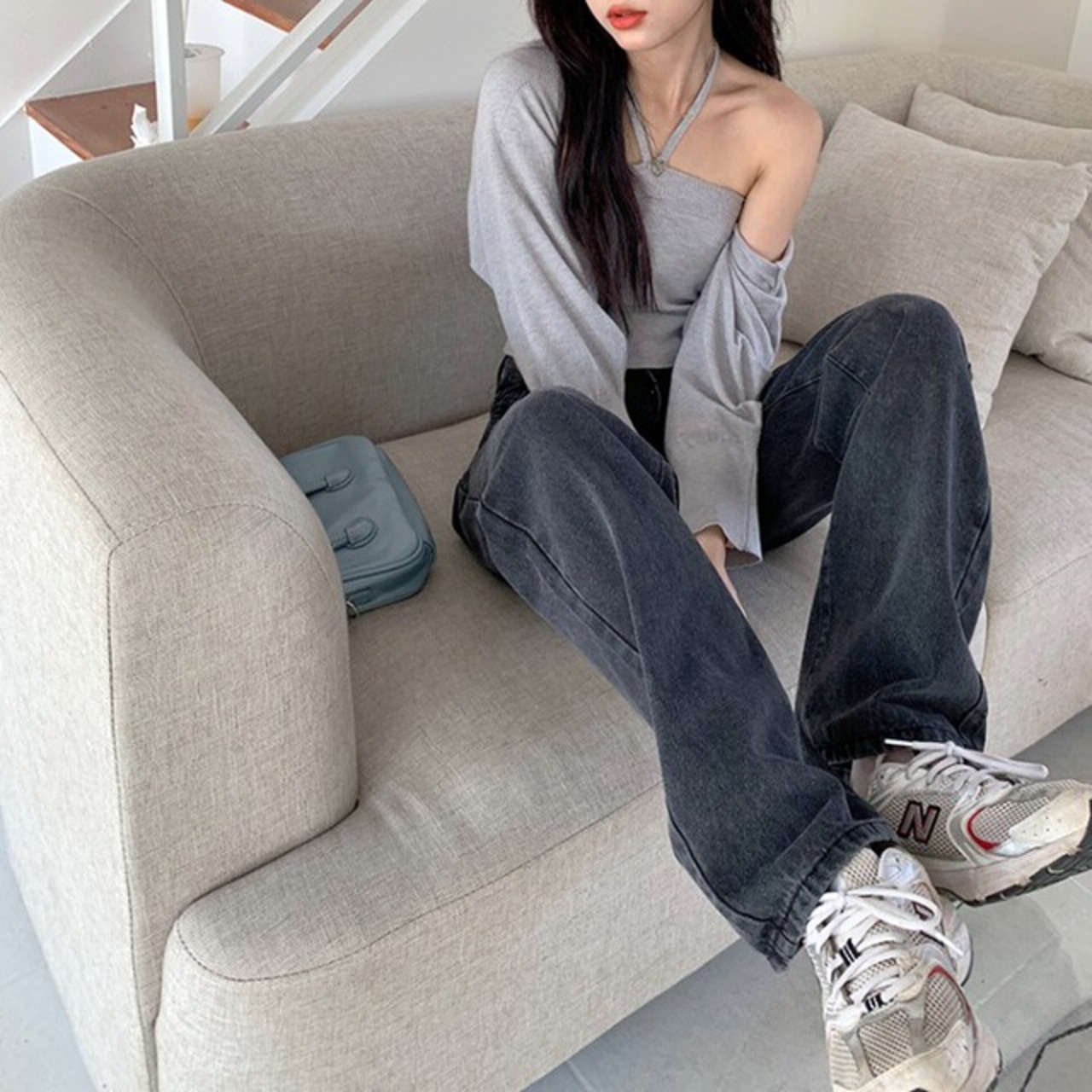 骨格ウェーブ グレーデニム ハイウエスト 美脚ストレート