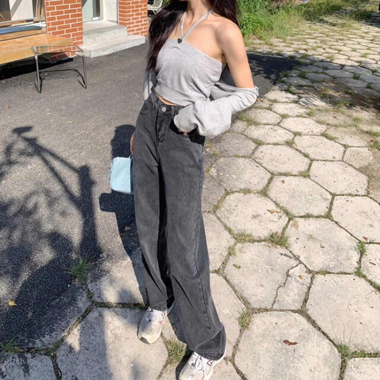 骨格ウェーブ グレーデニム ハイウエスト 美脚ストレート