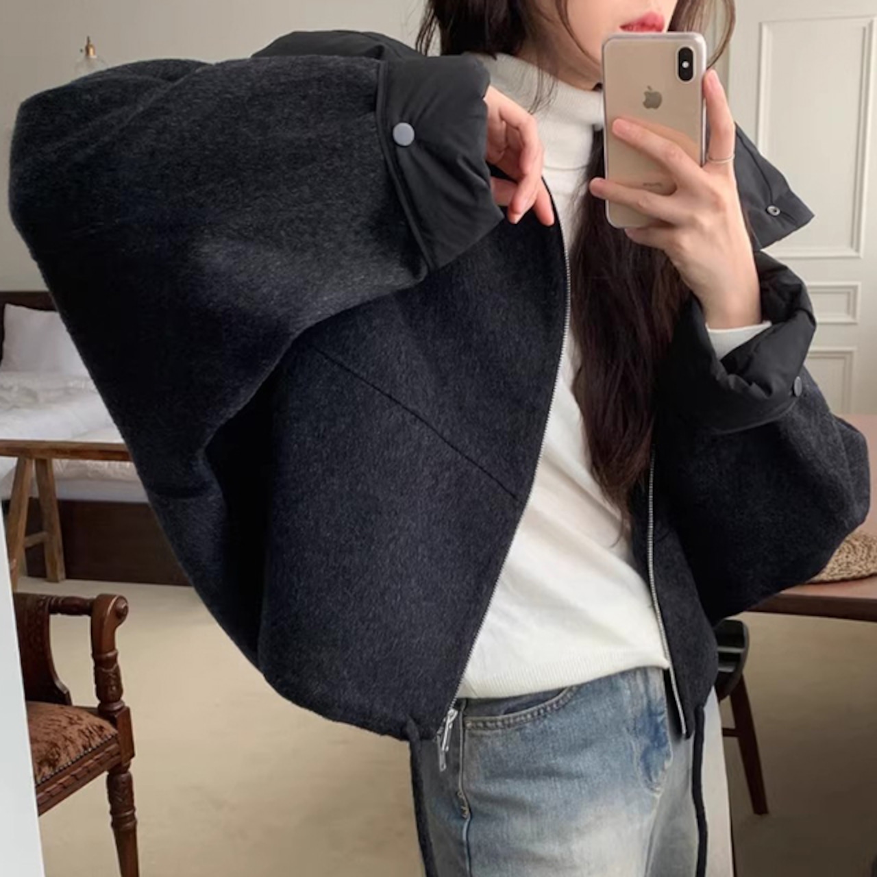 骨格ウェーブ メルトン調ショートジャケット 取り外しフード ゆったり カジュアル