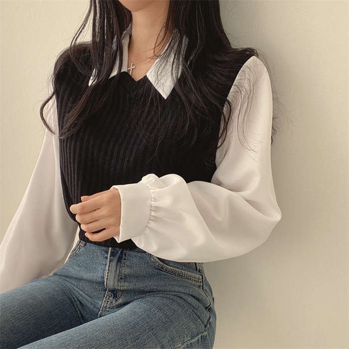 骨格ウェーブ レイヤード風 ポロカラーシャツ