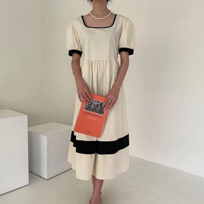 骨格ウェーブ クラシカルバイカラー ハイウエスト パフスリーブワンピース