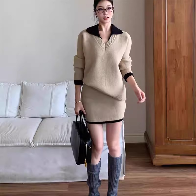 骨格ウェーブ 配色襟ニット＆ミニスカート セットアップ