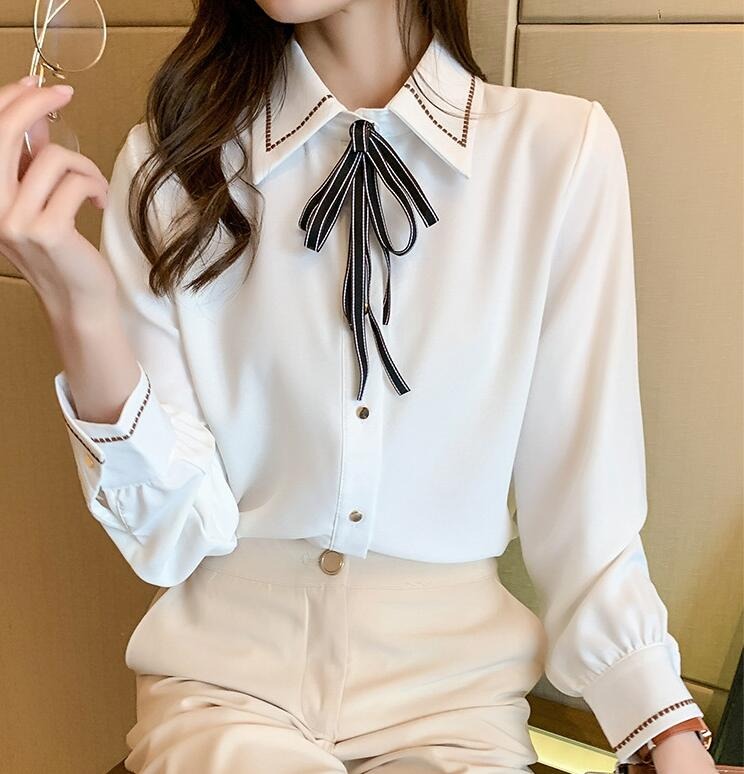 骨格ウェーブ ボウタイ風リボン シフォン シャツブラウス