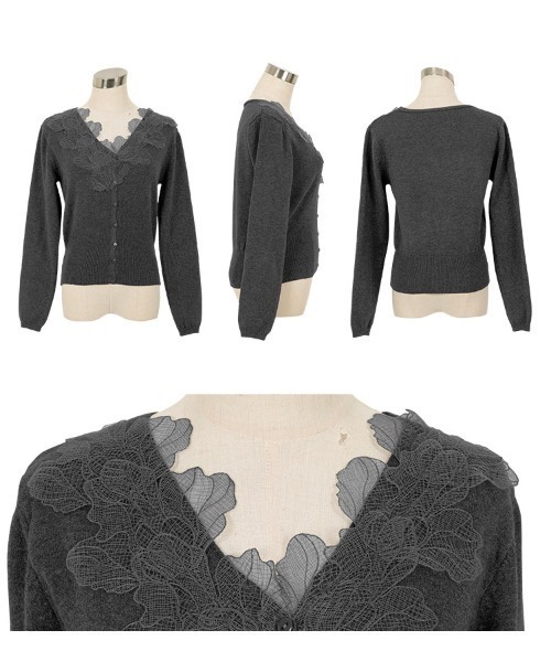 骨格ウェーブ 襟レース ニットカーディガン