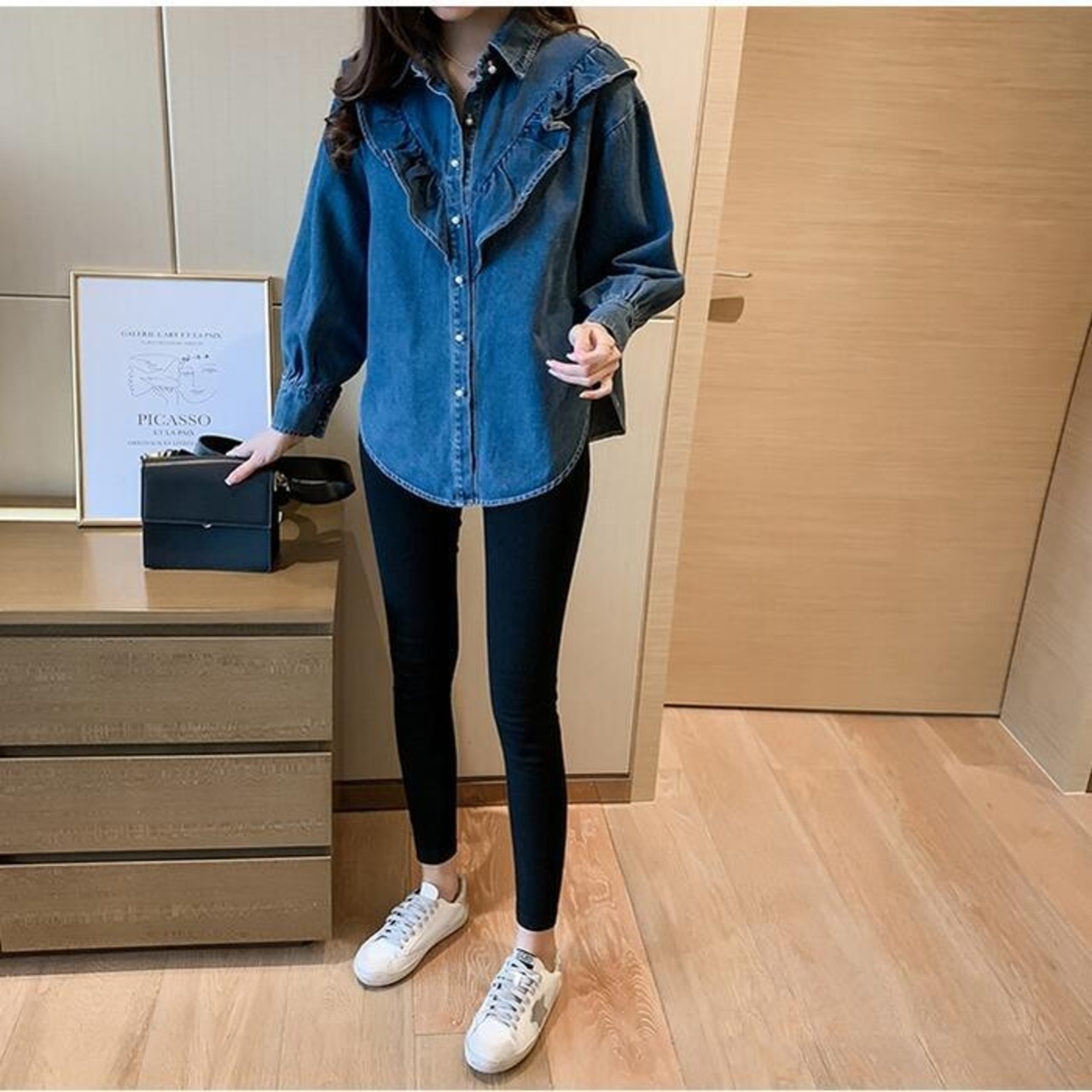 骨格ウェーブ フロントフリルデニムシャツ