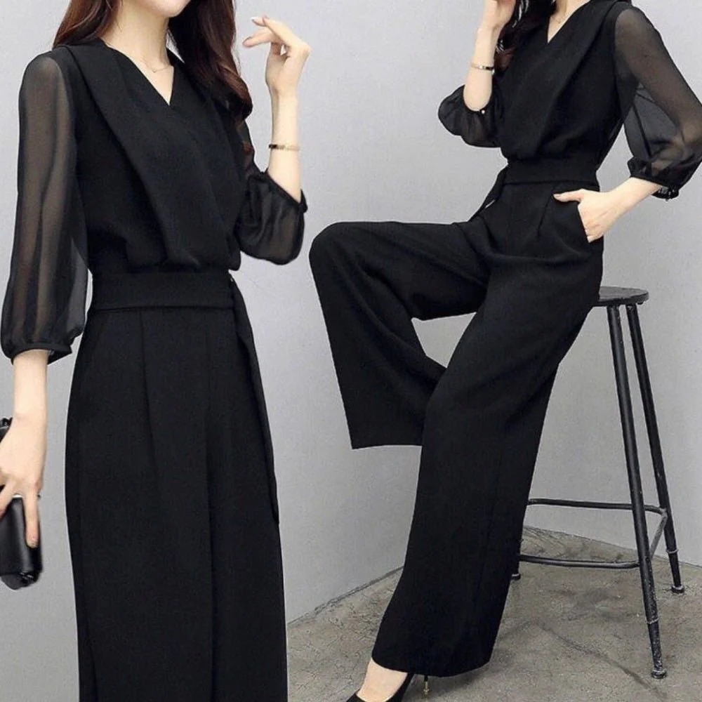 骨格ウェーブ シアー袖×Vネック ハイウエストオールインワン