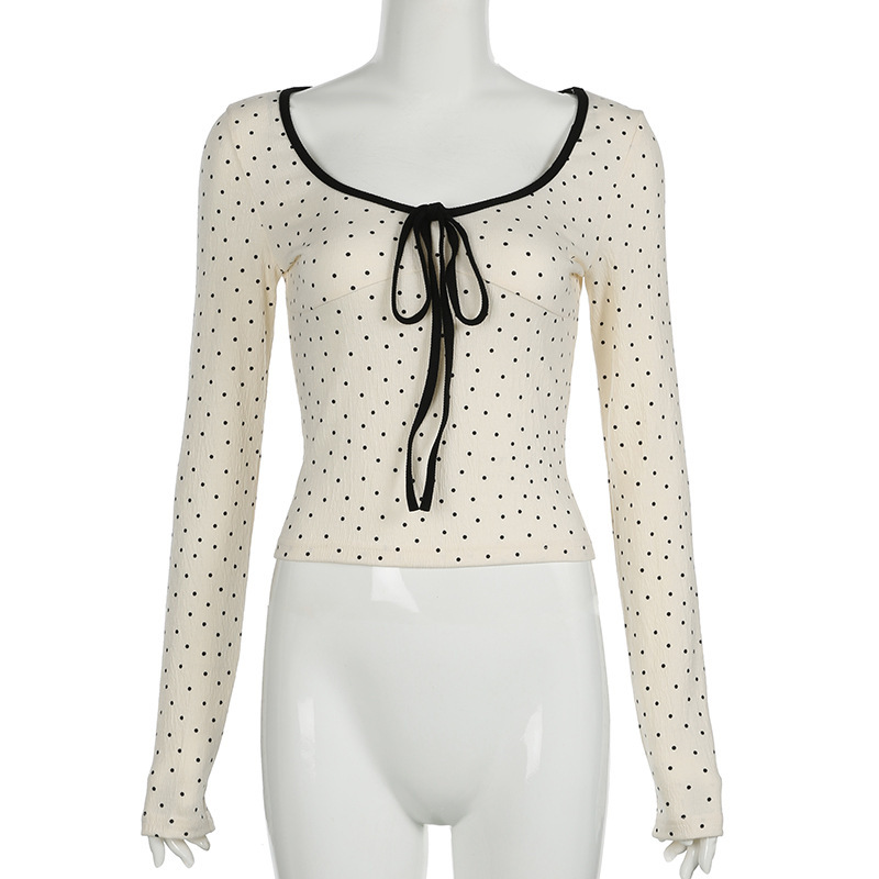 骨格ウェーブ デコルテリボン×ドット柄 フレンチガーリートップス