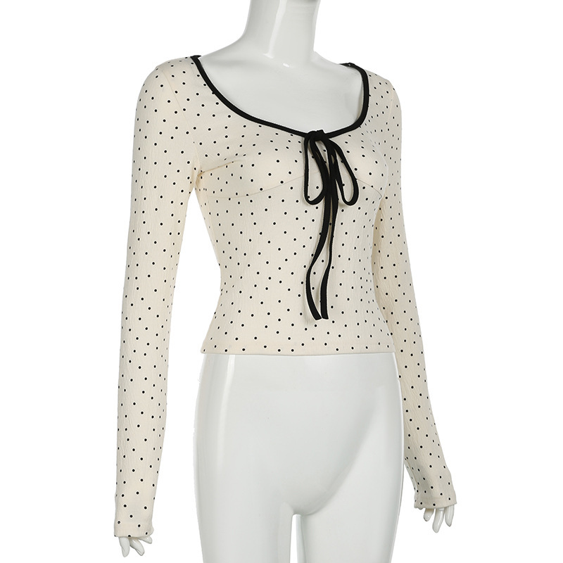 骨格ウェーブ デコルテリボン×ドット柄 フレンチガーリートップス