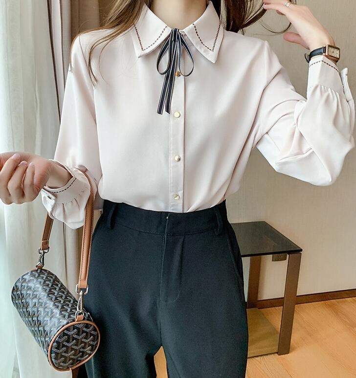 骨格ウェーブ ボウタイ風リボン シフォン シャツブラウス