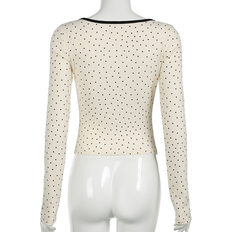 骨格ウェーブ デコルテリボン×ドット柄 フレンチガーリートップス