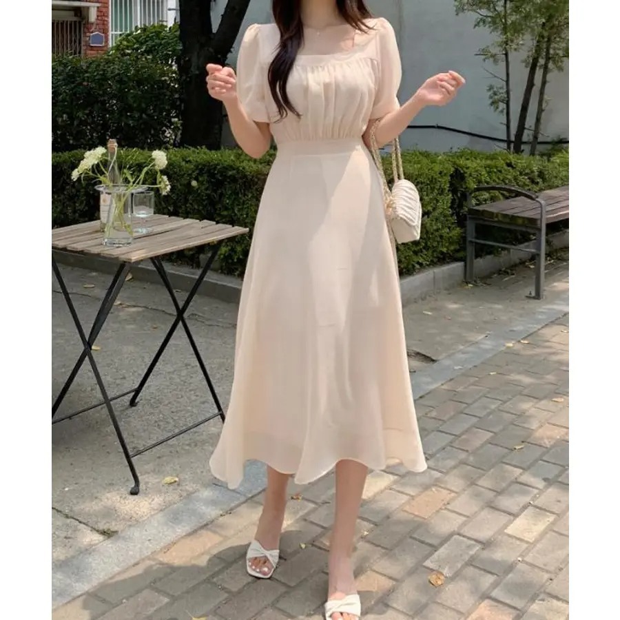 骨格ウェーブ ふんわりシフォン 美くびれハイウエスト 半袖ワンピース