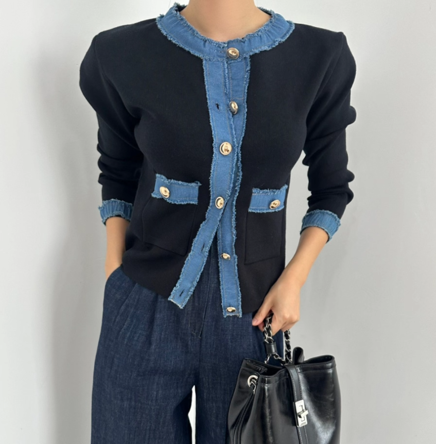 骨格ウェーブ デニム配色 ニットカーディガン