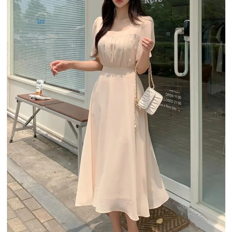 骨格ウェーブ ふんわりシフォン 美くびれハイウエスト 半袖ワンピース