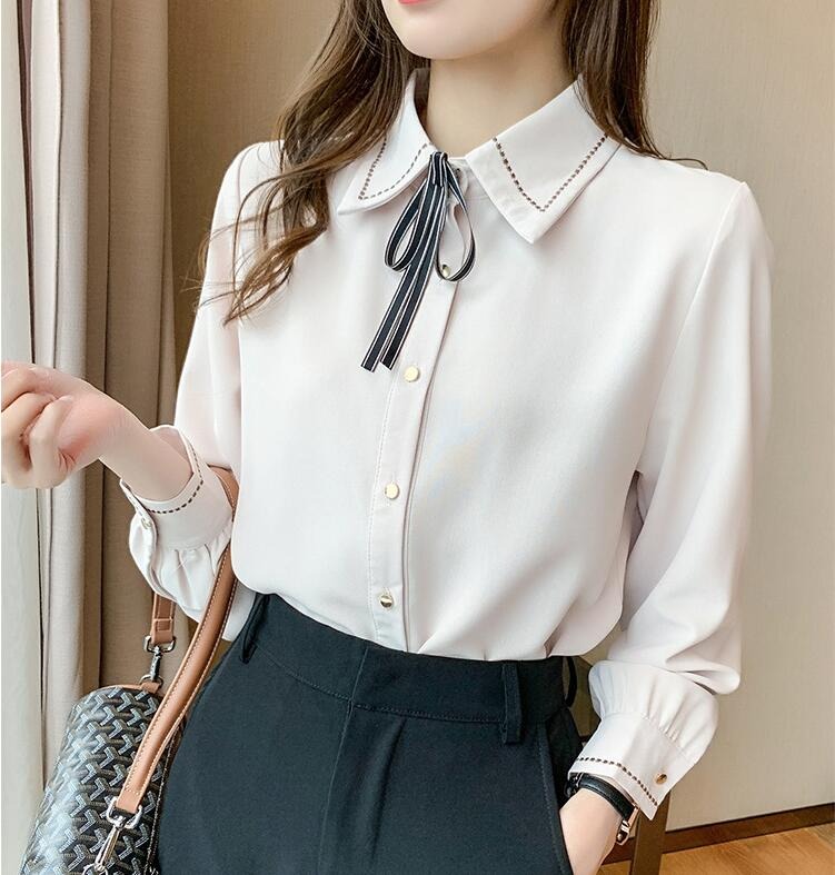 骨格ウェーブ ボウタイ風リボン シフォン シャツブラウス